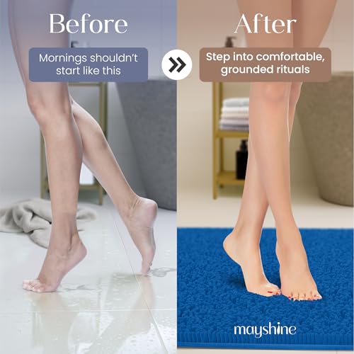 Image of MAYSHINE Chenille Plush Runner Rug, Dark Blue, 71x31 in, Machine Washable, Non-Slip Door Mat, Bath Mat with Water Absorbent Quick Drying Microfiber Shag Carpet
