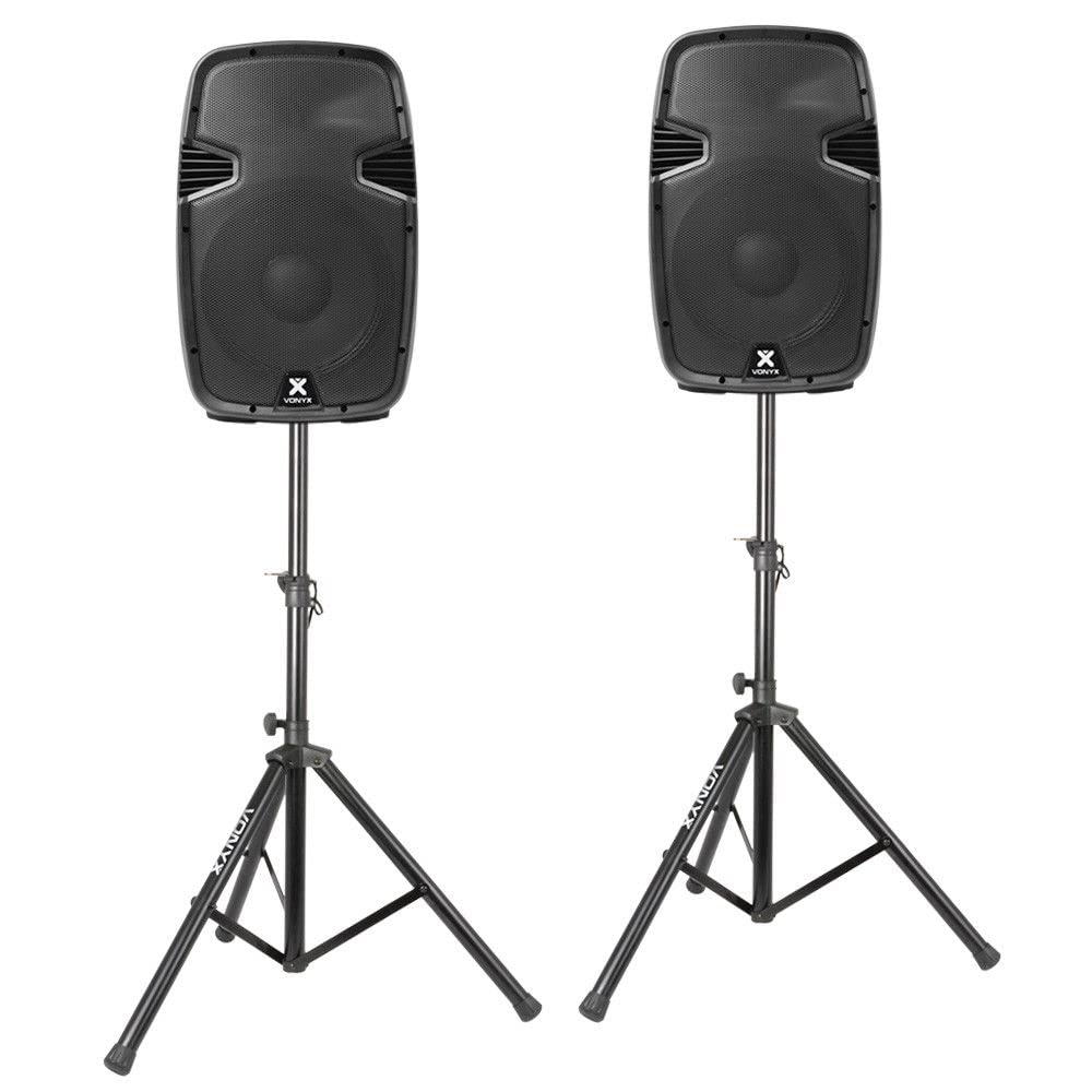 Vonyx SPJ-1200A PA Anlage, Akitvlautsprecher Set, 1200 Watt, 12 Zoll High End Musikbox mit Stativ, Fernbedienung, MP3-Player, Bluetooth, USB, DMX, Cinch, Party Boxen, Monitor Boxen, Karaoke, Schwarz