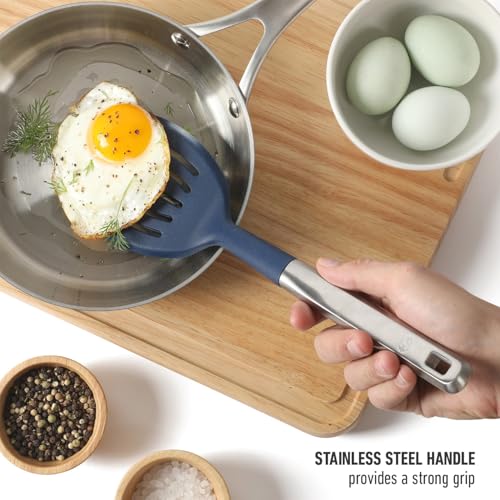Image of Calphalon Prime Slotted Turner, Kitchen Flipping Spatula, Slotted Spatula with Silicone Head and Stainless Steel Handle, Heat Resistant Nonstick Cookware for Flipping and Draining (Navy Blue)
