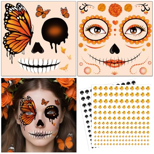 DPKOW Tatuagens de caras de Halloween com pedras faciais autocolantes, Halloween tatuagens temporárias caveira e borboleta acessórios para disfarces de Halloween maquilhagem tatuagens falsas