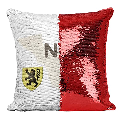 Coussin de decoration Lille Nord 59 en sequins rouges avec impression carte ancienne