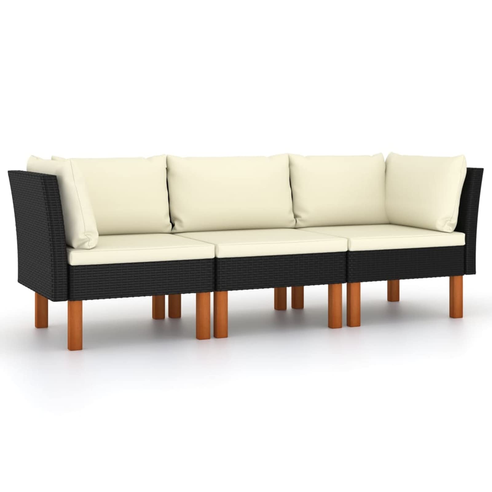 Divano da Giardino a 3 Posti con Cuscini Nero in Polyrattan,Salotto in Rattan per Esterno,Salottino da Giardino con Divano Modulabile,Cuscini