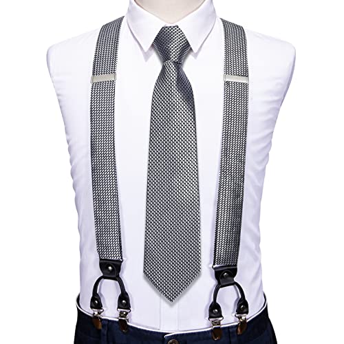 Image of Barry.Wang Men Suspender Set with Necktie Elastic Y Type Heavy Duty 6 Clips Braces Tie Handkerchief Cufflink Pin 6PCS