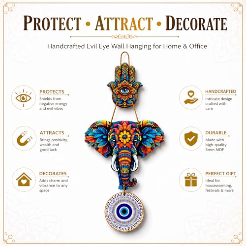 Image of Evil Eye Wall Hanging for Home Entrance Door | Nazar Battu Vastu Decor | Hamsa Hand Elephant Wall Decor | MDF Mandala Art Hanging | Good Luck Gift for Diwali Housewarming Bedroom Office