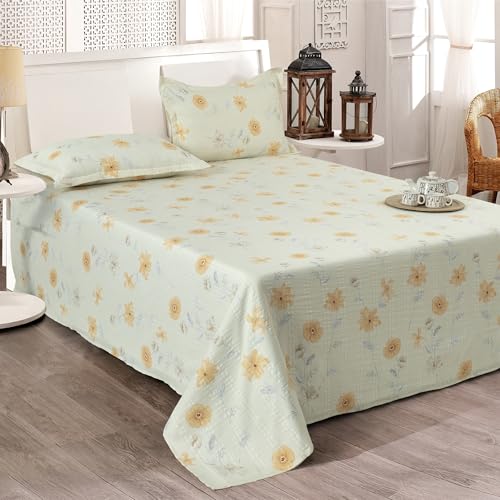 Image of Cortina Cloud Cotton King Size Bedsheet with 2 Pillow Covers | Super Soft, Breathable & Skin-Friendly Bedsheet for Double Bed King Size with Boho Design | 270x250 cm (White & Yellow, King)
