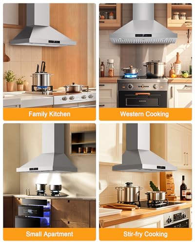 36 Inch Wall Mount Range Hood 1200CFM, 4 Speed Remote Control Kitchen Wall Mount Range Hood with Motion Sensor & Adjustable LED Lighting Ducted/Ductless Convertible Pro Series