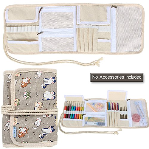 Teamoy Crochet Hook Case, Canvas Roll Bag Holder Organizer for Various Crochet Needles and Knitting Accessories, Compact and All-in-one, Cartoon Cats