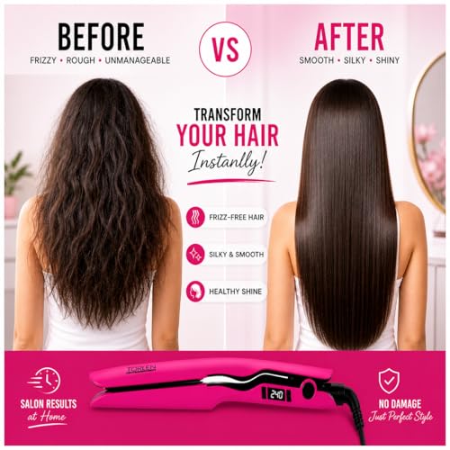 Image of TORLEN Signature Pro Hair Straightener TOR-043 | Wide Tourmaline Ceramic Plates for Thick, Curly & Long Hair | 3D Floating Plates | Fast Heat-Up in 30 Sec | Adjustable Temp 130C-240C | Keratin & Rebonding Ready | Salon Finish at Home (Pink)