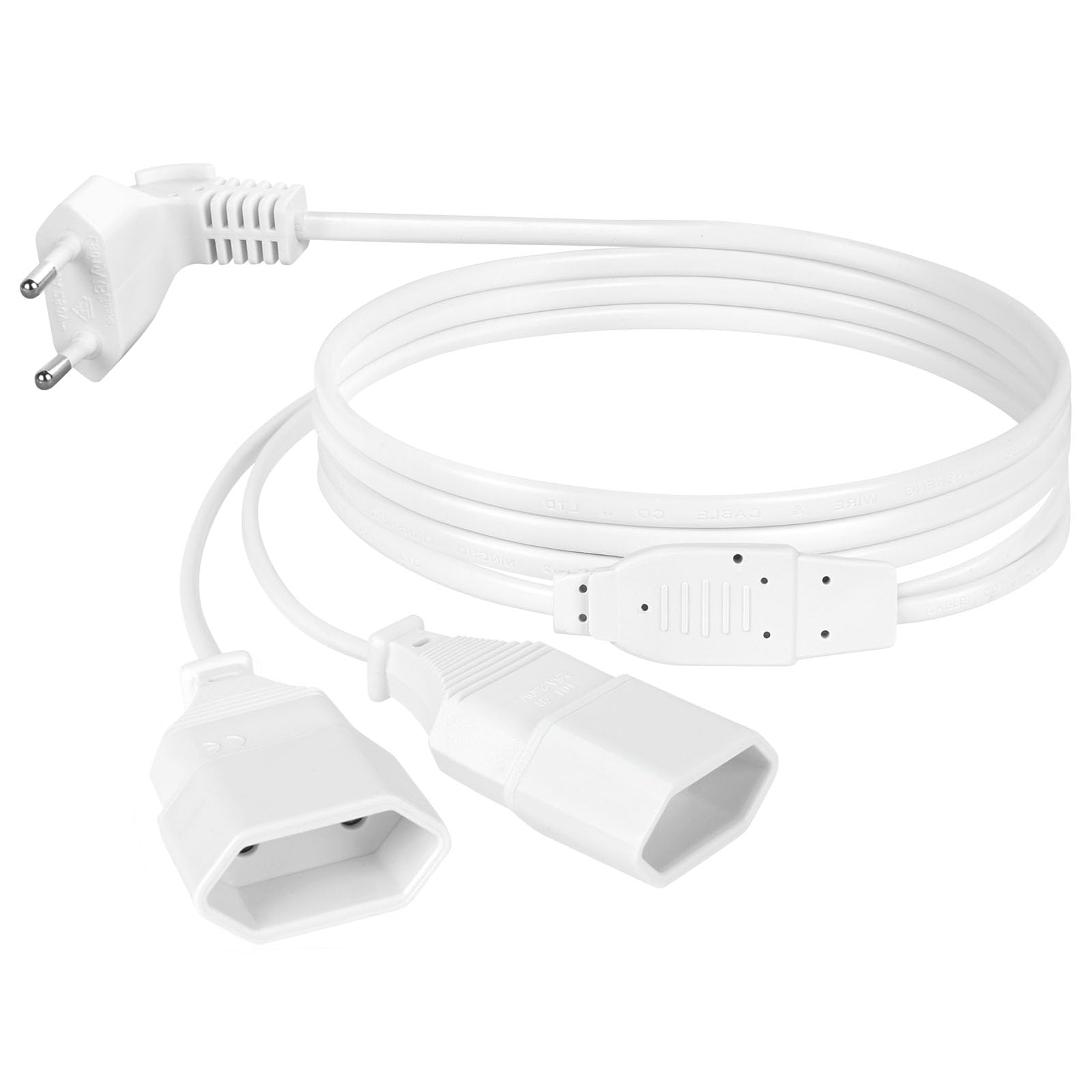AXFEE Przedłużacz kabla zasilającego, 2 w 1, 2 m, euro, wtyczka europejska 90°, wtyczka euro, wtyczka Euro CEE 7/16, przedłużacz typu C do TV, komputera, monitora (biały)