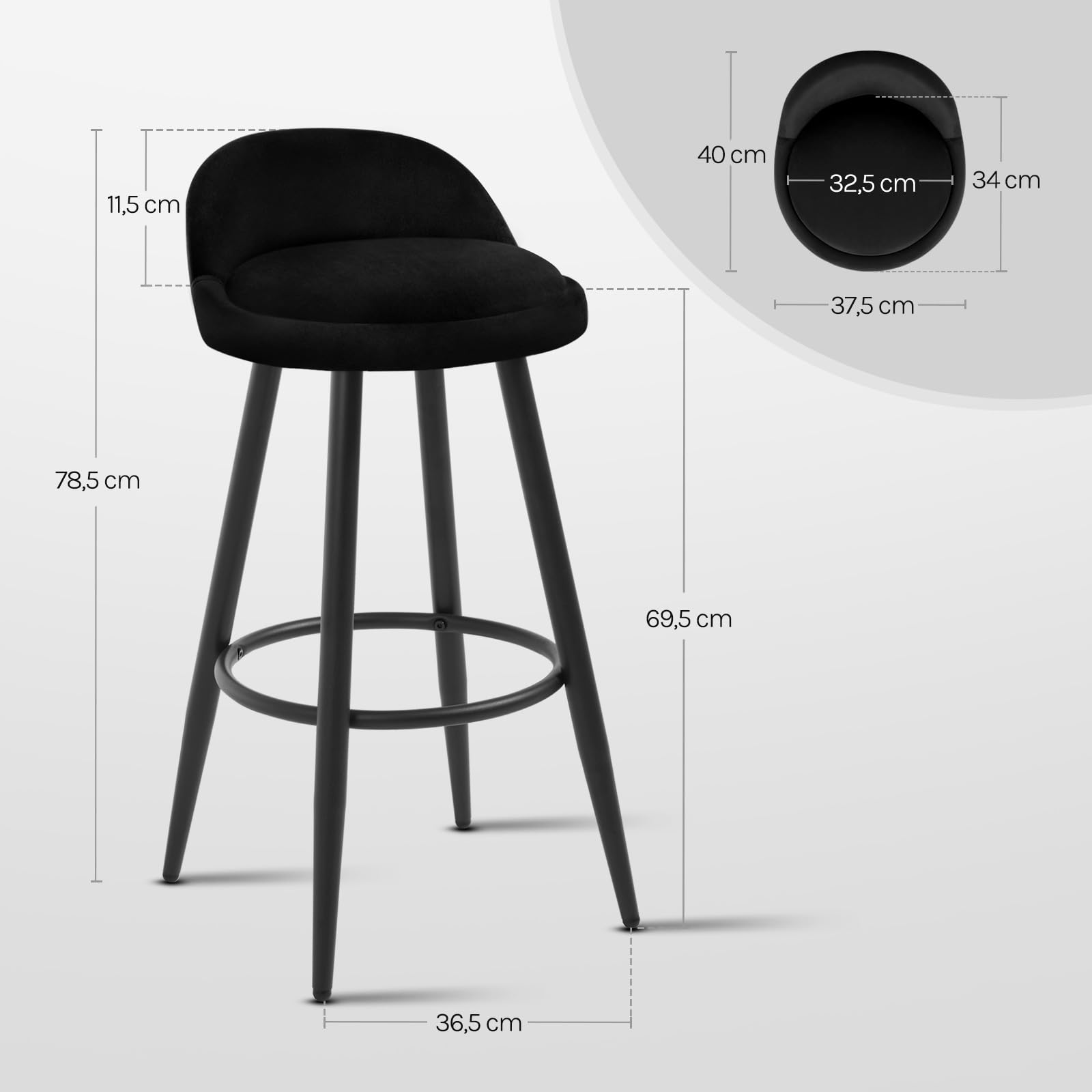 WOLTU Taburetes de Bar Juego de 2, Taburetes de Cocina con Reposapiés, Asiento de Terciopelo, Estructura de Metal, Negro