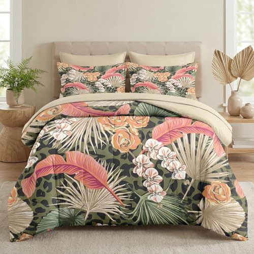 Pamnest Queen Comforter Set, Tropical Flowers, 7 Pcs