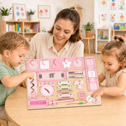 Wooden Busy Board with Stand Montessori Toy for Baby & Toddlers（Pink） — 사진 7