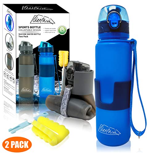 QUILIVIK Collapsible Water Bottle/Travel Water Bottle (2Pack), 22 Ounce Silicon Water Bottle/Foldable Water