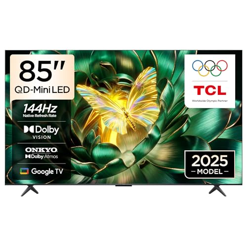 TCL 85C6K Television 85 Inch Smart TV 4K QD-Mini LED Colorful Quantum Crystal HDR 10+ Gaming Google TV, 144Hz Native Refresh Rate, ONKYO 2.1 Hi-Fi, Dolby Atmos, AI Mode, Game Master (2025 Model)