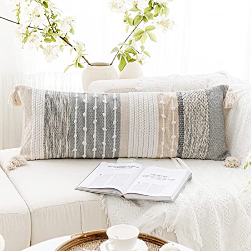 Blissblush LW Gray Boho Lumbar Throw Pillow Cover 14X36 Grey Accent Long Body Lumbar Pillow For Bed Decorative Modern Bohemian Woven Textured Lumbar Pillow thumb #4