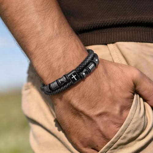 Christian Black Leather Bracelet for Men, Braided Leather Cross Adjustable - image 2