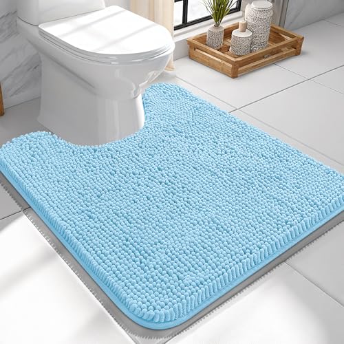 Image of OLANLY Toilet Rugs U-Shaped 24x24, Extra Soft Absorbent Chenille Contour Bathroom Rugs for Toilet, Dry Quickly, Machine Washable, Non-Slip Bath Mat, Sky Blue