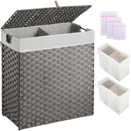 Image of Greenstell Laundry Hamper with lid, No Install Needed, 110L Wicker Laundry Baskets Foldable 2 Removable Liner Bags, 2 Section Clothes Hamper Handwoven Rattan Laundry Basket with Handles, Gray