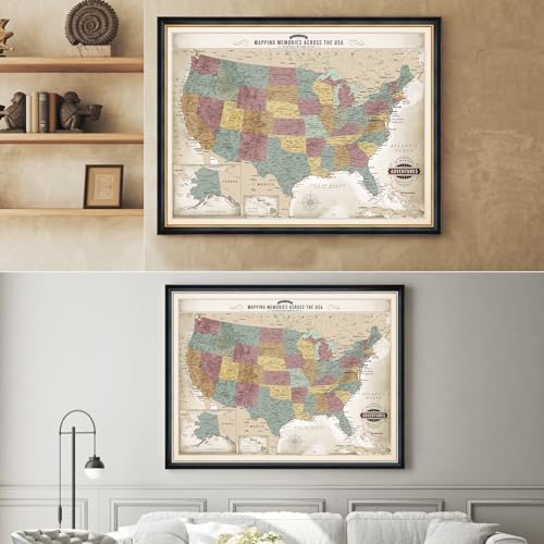 Image of DECORARTS - Oversized Personalized Push Pin Travel Map USA, Custom Name, Pin Board Canvas Wall Art, Vintage Pastel United States Decor, Optional Wood Frame, Giclee Print, Handcrafted in USA, 40x30''