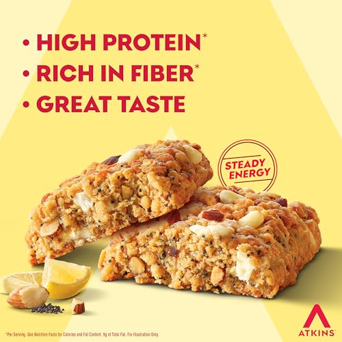 Image of Atkins Soft Baked Protein Bars, Lemon Poppyseed, 15g Protein, 2g Sugar, Excellent Source of Fiber, Low Carb, 6 Packs (4 Bars Each)