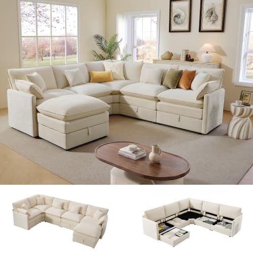 Image of Ihanherry Oversized Modular Sectional Sofa with Storag, 6-Seater V Shaped Cloud Couch with Movable Ottomans, Chenille Deep Seat Corner Couches for Living Room (Beige)