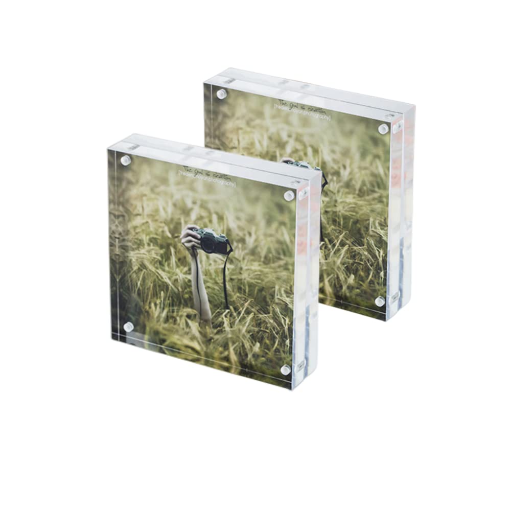 2 Pack Magnetic Acrylic Picture Photo Frame 4x4, Double Sided Frameless 10+10mm Floating Display Frame,Clear Glass Like,Free Standing for Art,Ornament Plant Specimen,Easy to Change