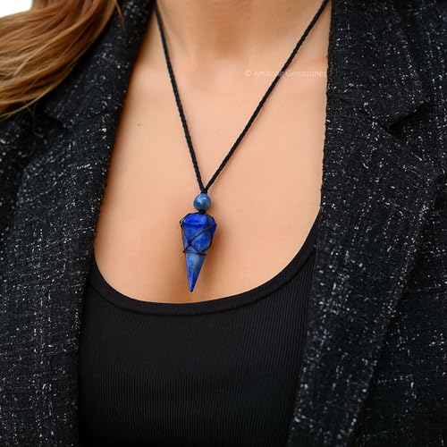 Amazing Gemstone Lapis Lazuli Crystal Jewelry for Men : Elegant and Stylish Men Jewelry, Unique Women Men Necklace with Lapis Lazuli Crystal Stone Holder Necklace Pendulum (Black Macrame) - Image 4