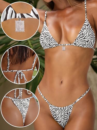 Image of OWICA Women's Sexy Triangle Bikini Sets Cheeky Thong Swimsuit Adjustable Spaghetti Straps Bathing Suit