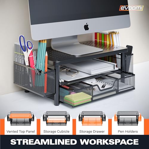 eVoomi FlowMax Ergonomic Desk organizer Computer Monitor Stand -Improved XL Desk Drawer, File Paper Pencil Holders - Pro Posture Eye-Level Tension Relief - Anti-Slip Home Office Supplies Storage Stand for Laptop Monitor or Printer by EVOOMI - Image 2