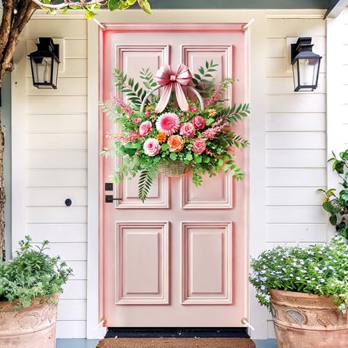 Image of Pink Rose Basket Door Cover 35x71in Spring Floral Bow