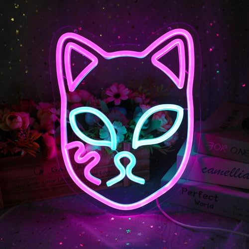 Demon Fox Face Neon Sign, Japanese Anime Slayer Neon Light for Wall Decor, Bedroom, Game Room, Birthday Party, Dimmable, USB Powered, Pink, Ice Blue(11.8