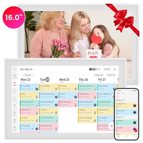 16' Smart Digital Calendar, Wall Desk Mount Planner with Google iCloud Sync, Touchscreen Family Organizer for Chore Chart, Meal Planning & Task Rewards（White）