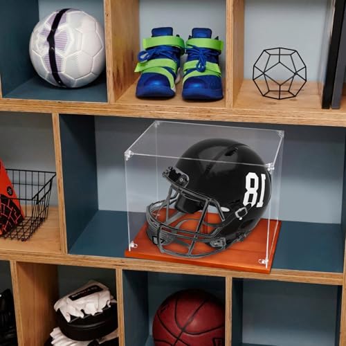 Image of Hooqict Football Helmet Display Case Acrylic Clear with Solid Wood Base UV Protected Full Size Football Helmet Case Display Holder Stand for Hockey Baseball Motorcycle Sports Collections