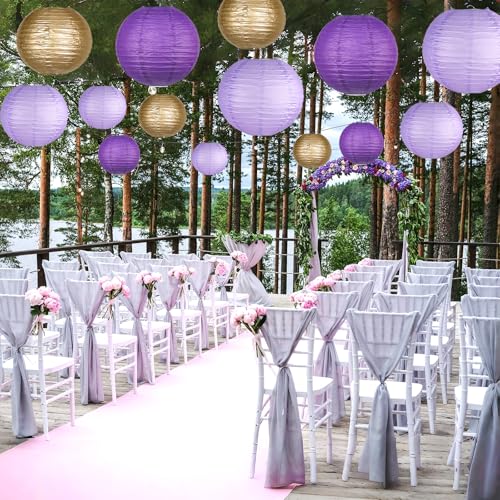 Image of 15-Pack Purple Gold Paper Lanterns, Rapunzel Birthday Decorations | 6, 8 & 10-Inch Round Hanging Set with Wire Frames for Baby Showers, Weddings, Graduations, Mermaid Themes & Ceiling Displays