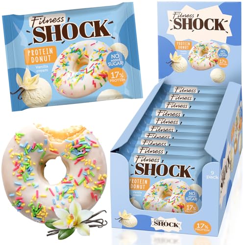 FitnesSHOCK Protein Donut Kekse-Biskuit mit Streuseln, 12g/17% Eiweiß ohne Zuckerzusatz ballaststoffreicher Snack mit Vanille Füllung Palmölfrei - Vanille Geschmack 9x70g