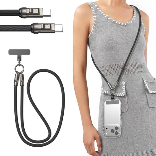 TUNKIA Phone Lanyard Crossbody USB C Cable PD240W USB C to USB C Cables Anti Theft Phone Strap Universal Cell Phone Neck lanyard for iPhone/Samsung/Android Phones(Black/3.93ft)