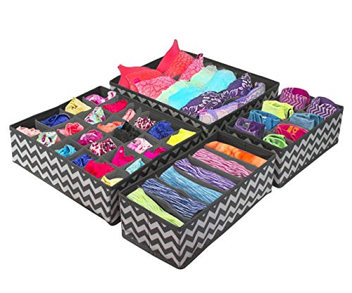 Image of Set of 4 Fabric Foldable Closet Drawer Dividers Wardrobe Under Bed Organizer for Clothes, Shoes, Undergarments, Bra, Socks Bra Tie Scarfs (Grey Wave)