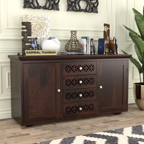 Image of Solid Sheesham Wood Wooden Sideboard Storage Cabinet : Ideal for Living Room and Bedroom with 4 Drawers and 2-Shelf Storage (Cambrey, Walnut Finish)