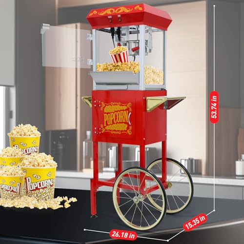 Image of Vintage Commercial Popcorn Machine with Cart - 8oz Kettle for 32 Cups /Batch, with Warming Lamp, Glass View Door and Wheels for Home Theater and Parties (Red)