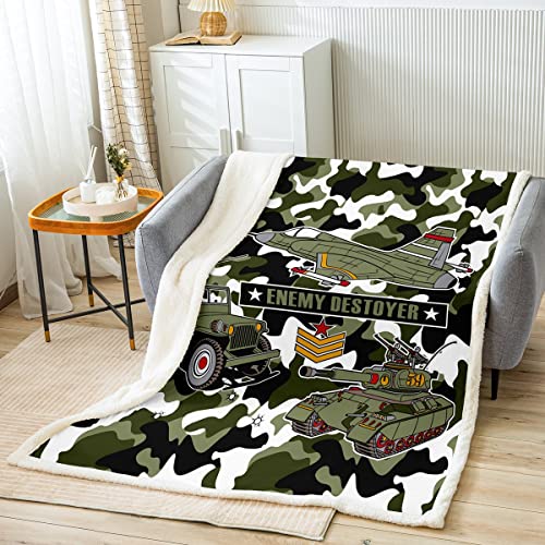 Camouflage Sherpa Blanket Camo Truck Tank Helicopter Teen Camo Green Fleece Throw Blanket Kids Boys Girls Army Vehicle Plush Blanket Transport Fuzzy Blanket for Sofa Bed,Double 60x79 Inch
