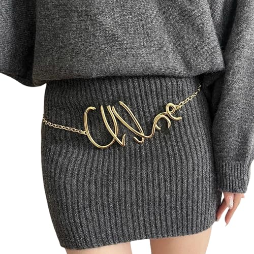 Women's Vintage Gold Letter Waist Chain Fashion Adjustable Minimalist Metal Body Belt for Dress Pants