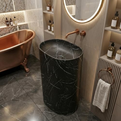 Image of BASSINO 20x14x33 Inch Pedestal Wash Basin /Free Standing Wash Basin /7 Years Warranty /Oval Ceramic One Piece Pedestal Sink for Bathroom /Living Room /Floor Mounted Washbasin(Matt Black Mix Marble)