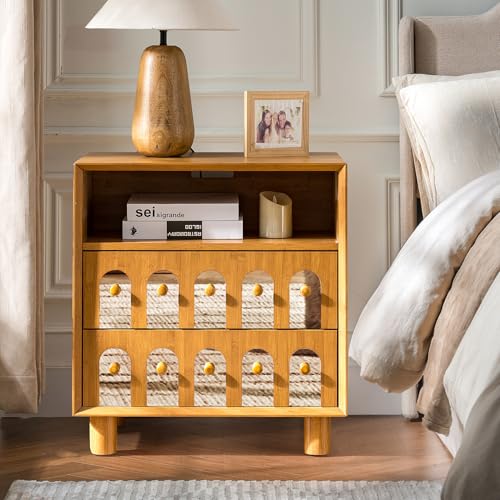 Image of 26 inch Tall Nightstand with Charging Station - Modern Wood Bedside Table with 2 Drawers & Mirror Handles, 200lb Large End Table for Bedroom (Natural)
