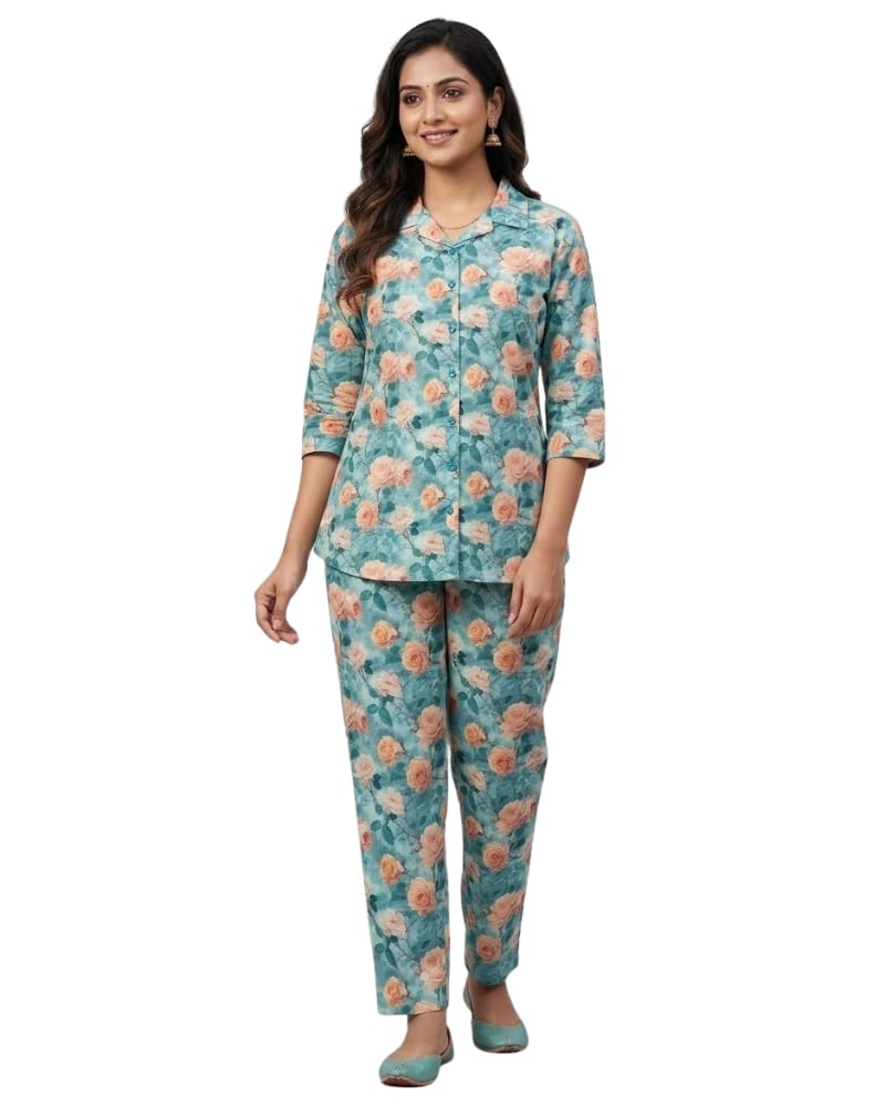 Women Cotton Printed Co Ord Set Spread Collar Buttoned Top Matching Pants Outfit-image-26