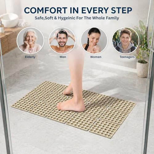 Image of LUXEHOME International Rubber Shower Mat for Bathroom Floor Anti Slip Water Resistant Tile Pattern Bath Tub Shower Matt Heavy Duty 40x66 Cm Taupe Pack of 1