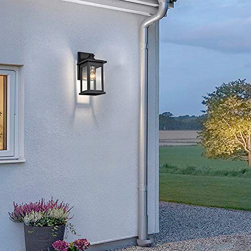 Image of MICSIU 12 Inch Matte Black Modern Farmhouse Outdoor Wall Lantern 1 Pack | Square Exterior Sconce with Clear Seedy Glass, Anti-Rust Waterproof Outside Wall Mount Light for House, Porch, Garage, Garden