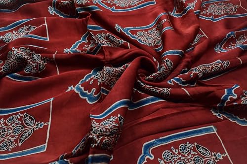 Image of Ethnics of Kutch Women's Ajrakh Modal Silk Natural Dye Hand Block Print Unstitched Kurta Fabric Mtr Length (2.5 Mtrs - Red 1710AE)