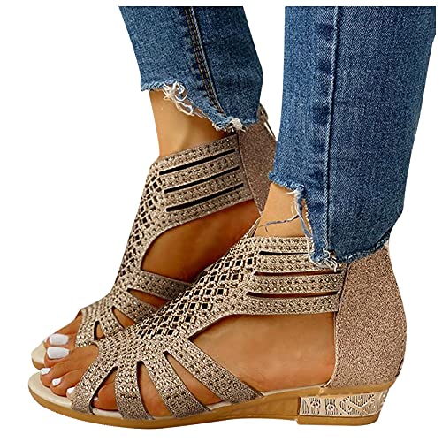 Womens Sandals Heels Low, Women's Hollowed Out Wedge Sandals Open Toe Casual Zipper Sandals Beach Summer Rhinestone Sandals4