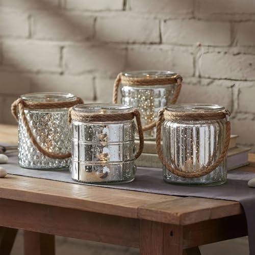 Lot de 4 photophores en verre argenté - Hauteur : 10 cm - Décoration de table - Rétro - Lin