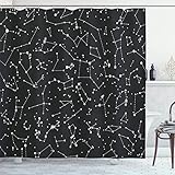 Lunarable Astrology Shower Curtain, Planetarium Themed Astronomical Image of Constellations with Horoscopes, Cloth Fabric Bathroom Decor Set with Hooks, 69" W x 75" L, Black and White